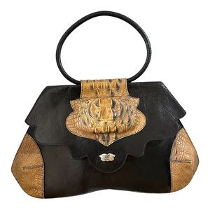 Black & Tan Croc-Trim Structured Shoulder Bag